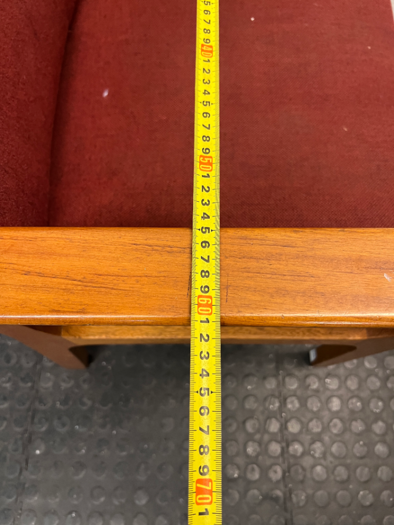 Red Fabric and Wood Office Chair — Well Used with Visible Wear and Scuffs