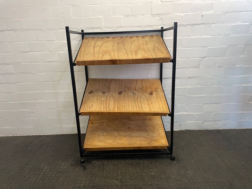 Black Frame 3 Tier Wooden Display Shelf on Wheels
